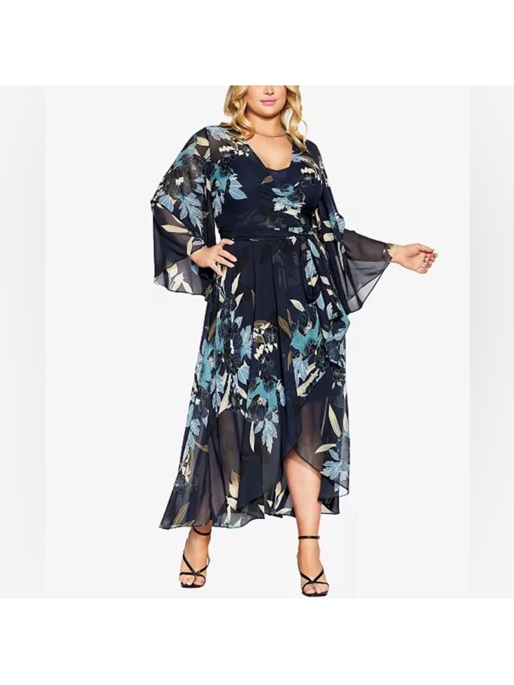 City Chic Flutter Sleeve Navy Floral Maxi Dress with Teal & Cream Print